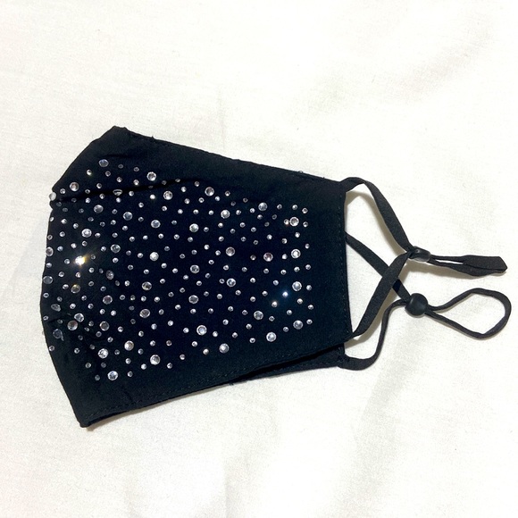 Face Mask. NEW. Black with Clear Sparkly Stones. Adjustable Ear Straps. - Picture 4 of 10